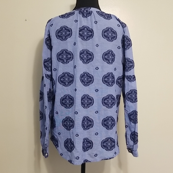 LOFT Women's Boho Blue Medallion Blouson Sleeve Cotton Button Up Tunic Top Small - Picture 9 of 13